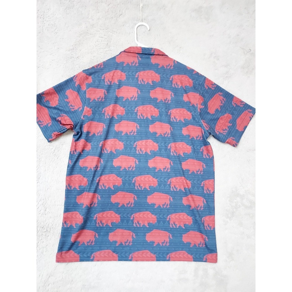 Waggle Polo Shirt Mens Large Buffalo Bison Print Golf Performance Blue Aztec Red - Picture 4 of 7